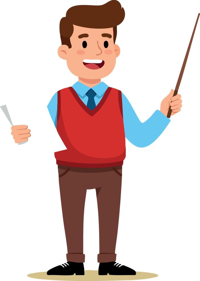 Man teacher smiling and holding pointer stick with paper in casual office outfit happy expression illustration vector
