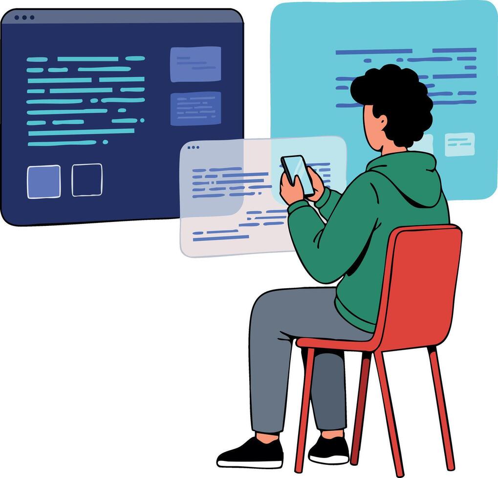 Young man coding on smartphone with digital code screens around him in casual clothing sitting on red chair vector