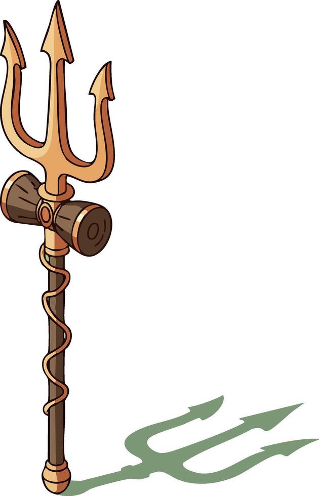 Trident weapon with wooden handle and three sharp prongs casting shadow natural design illustration vector