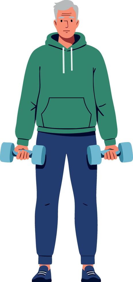 Older man exercising with dumbbells in casual sportswear fitness lifestyle illustration vector