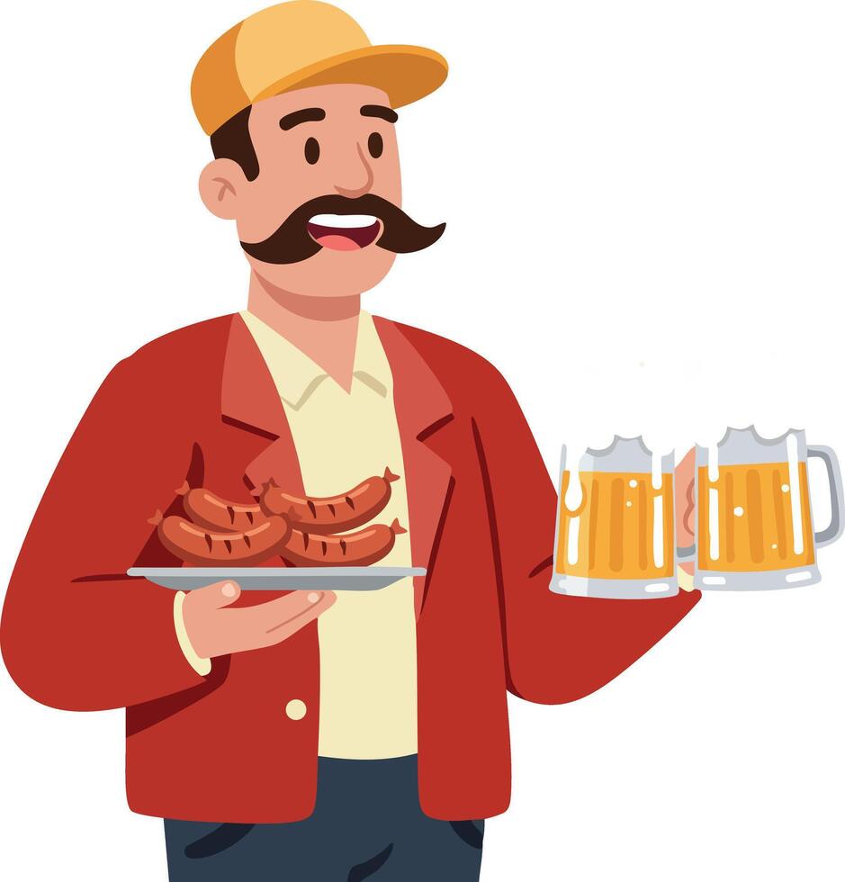 Man holding grilled sausages and beer mugs casual outfit smiling happy lifestyle illustration vector