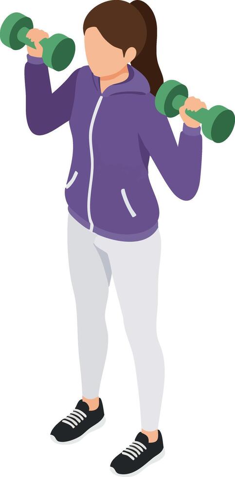 Woman exercising with dumbbells in purple jacket and white leggings fitness training illustration vector