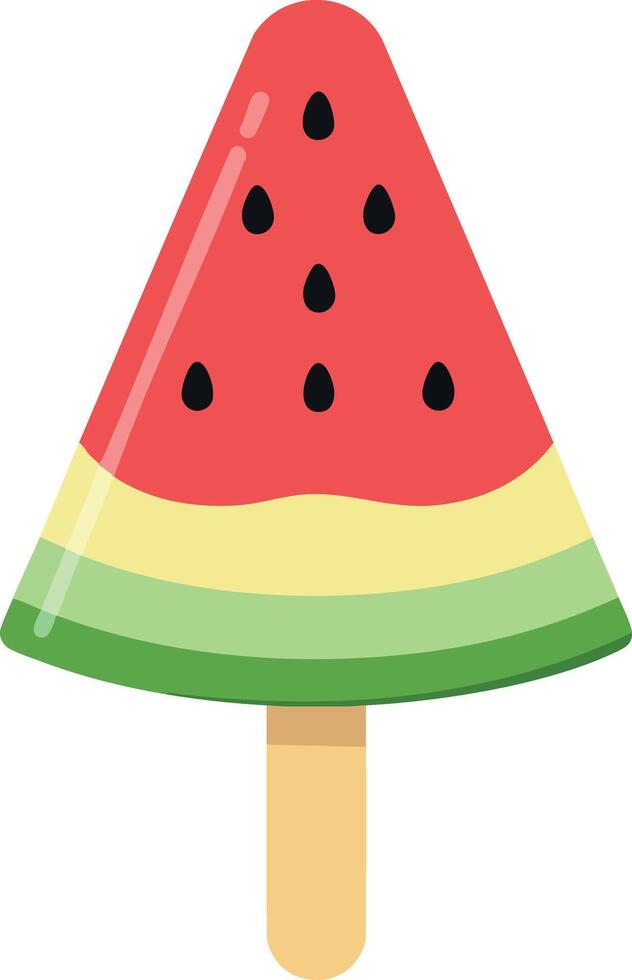 Watermelon shaped popsicle with red, yellow, and green layers and black seeds summer fruit dessert illustration vector