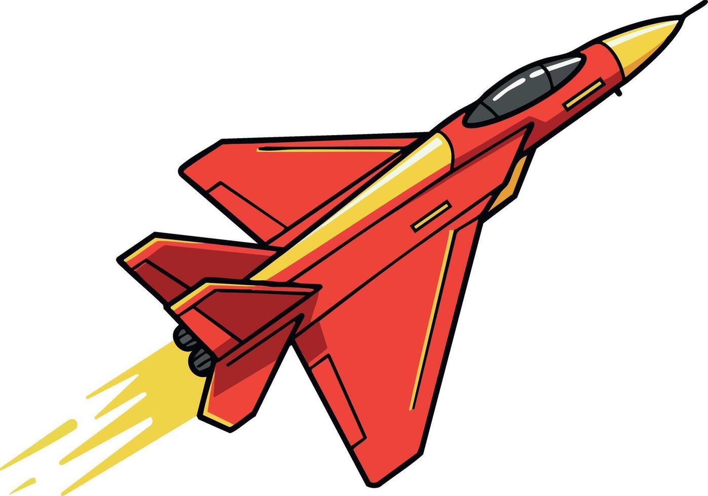 Red and yellow fighter jet illustration showing high-speed aircraft with flame exhaust for aviation design and technology concepts vector