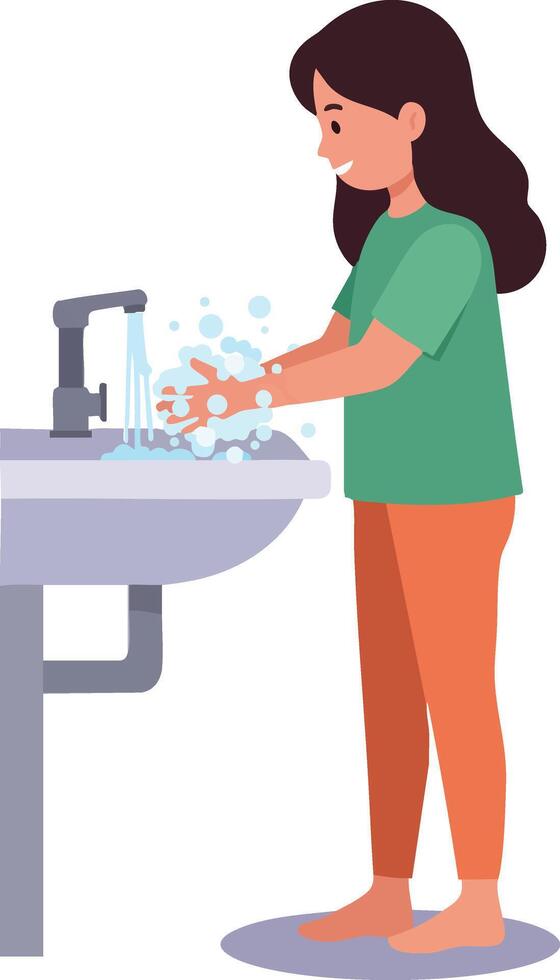 Girl washing hands at sink practicing hygiene and cleanliness in daily routine illustration vector