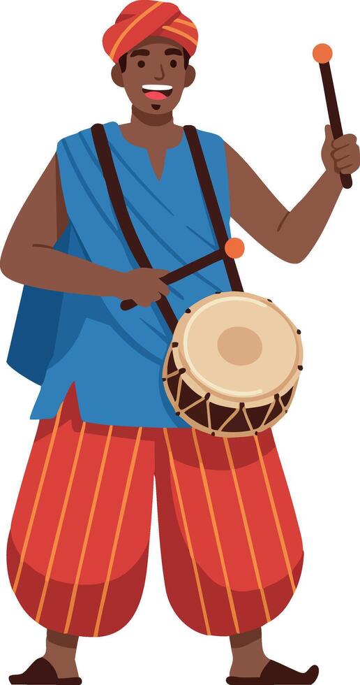 African man playing traditional drum in colorful clothing holding drumstick illustration vector