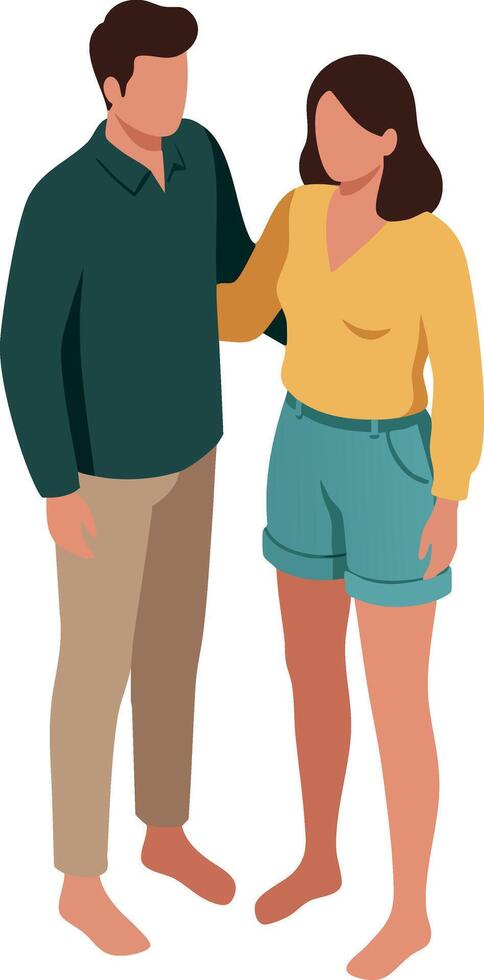 Young couple standing together in casual outfits with green shirt and yellow top illustration for lifestyle and relationship themes vector