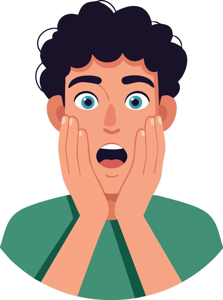 Surprised young man cartoon character with curly hair and blue eyes in green shirt illustration vector
