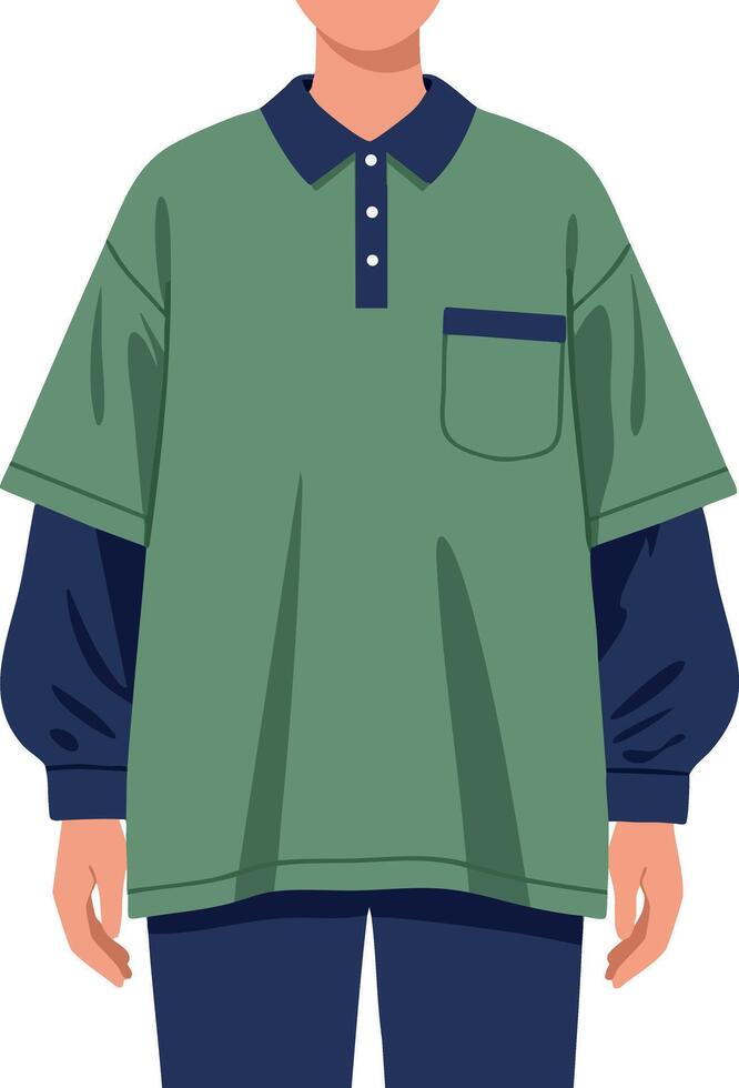 Person wearing loose green polo shirt with navy long sleeves in casual style illustration vector