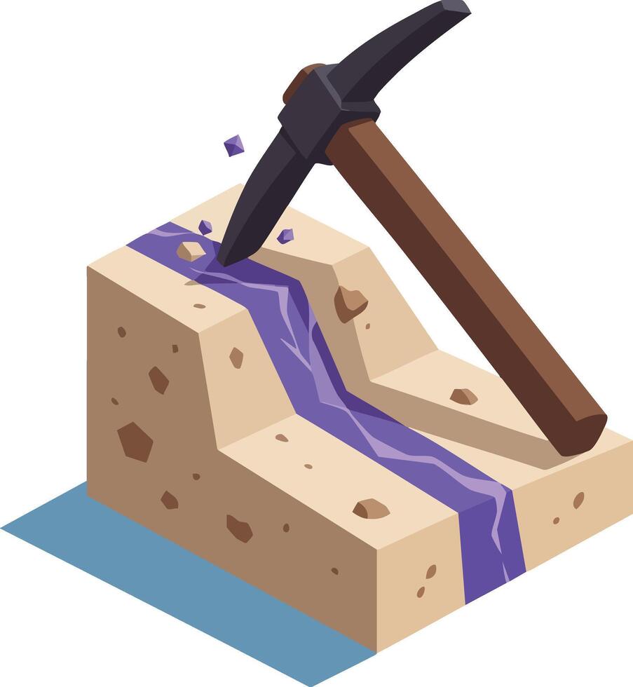 Pickaxe breaking rock with purple crystal vein mining illustration in isometric style for game or design projects vector