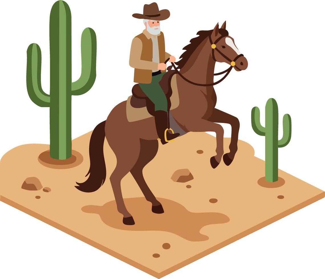 Cowboy riding a brown horse in desert landscape with green cacti and sand illustration vector