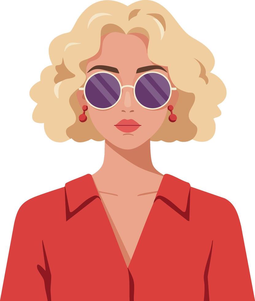 Woman with blonde curly hair wearing red blouse and round sunglasses stylish portrait illustration vector
