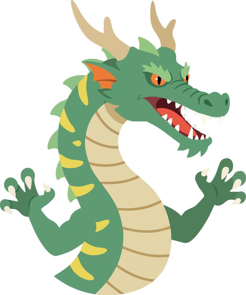 Green dragon with fierce expression and sharp teeth fantasy creature illustration for mythical design and storytelling vector