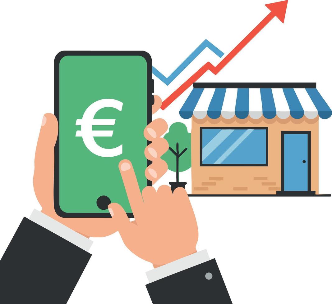Mobile phone with euro currency symbol and rising arrow showing small business growth and financial success illustration vector