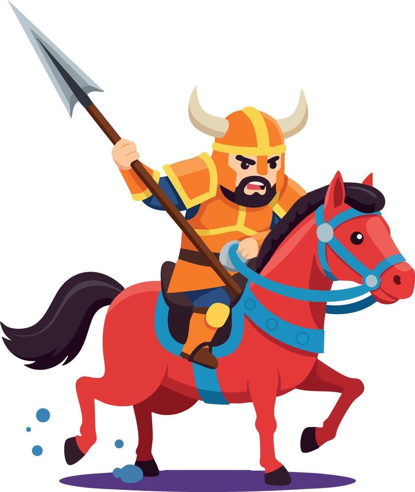 Viking warrior riding red horse with spear wearing orange armor and horned helmet illustration vector