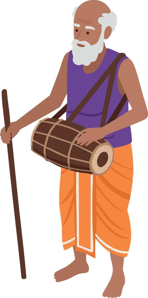 Elderly man playing traditional drum with walking stick wearing orange dhoti and purple vest illustration vector