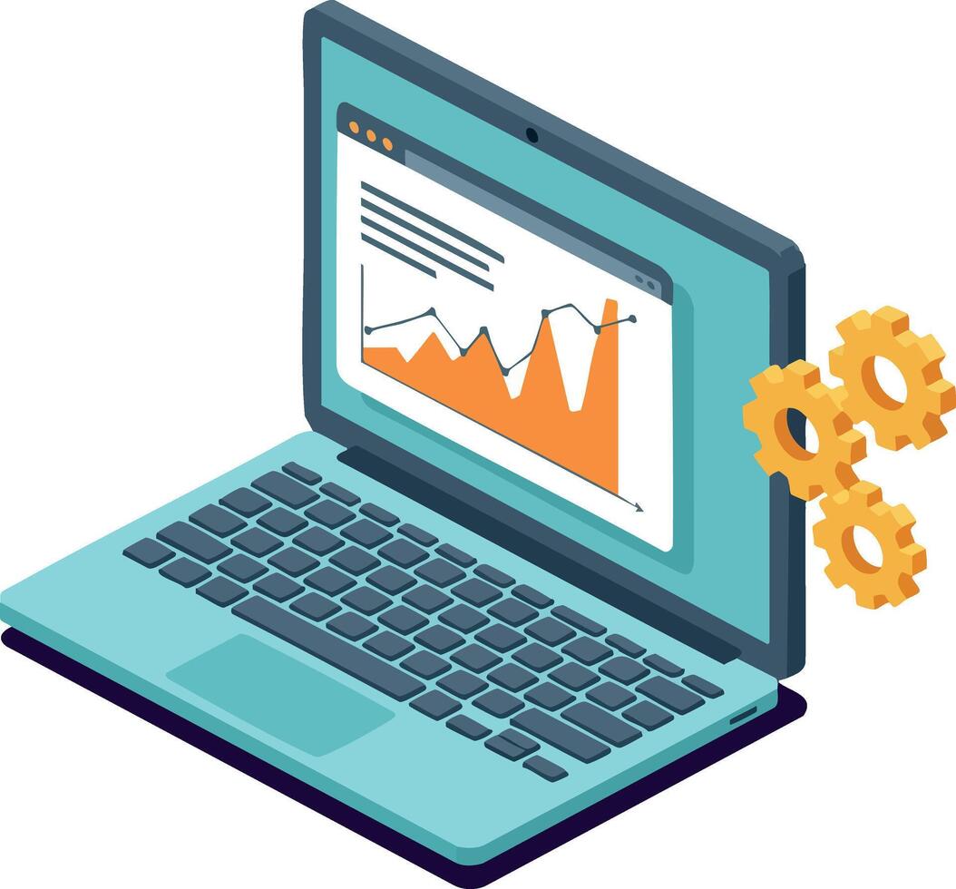 Laptop with orange graph analytics and yellow gears representing technology and data processing illustration vector