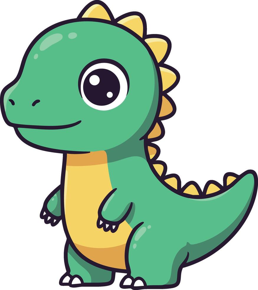 Cute green dinosaur cartoon character with yellow belly and spikes playful design for kids and children vector