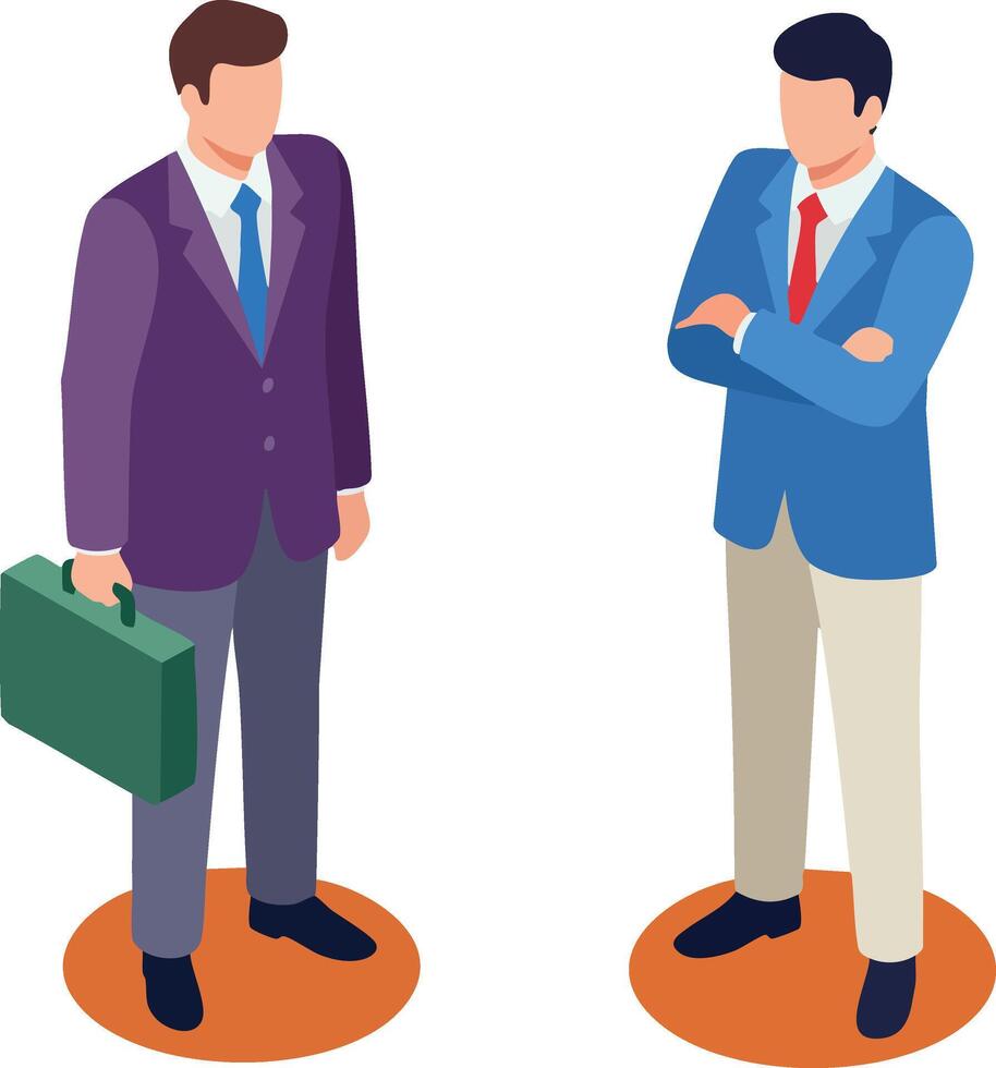 Two businessmen standing and discussing in professional outfits with briefcase and crossed arms illustration vector