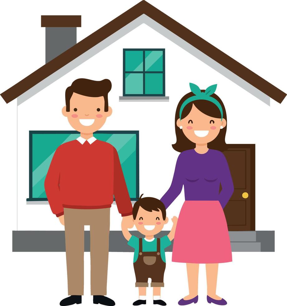 Happy family standing in front of house smiling father mother and child illustration vector