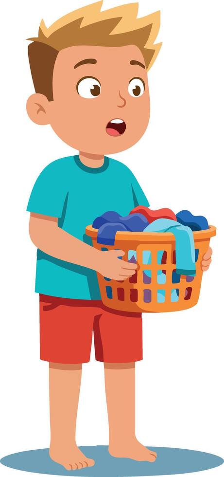 Young boy holding laundry basket with clothes in casual home outfit barefooted illustration vector