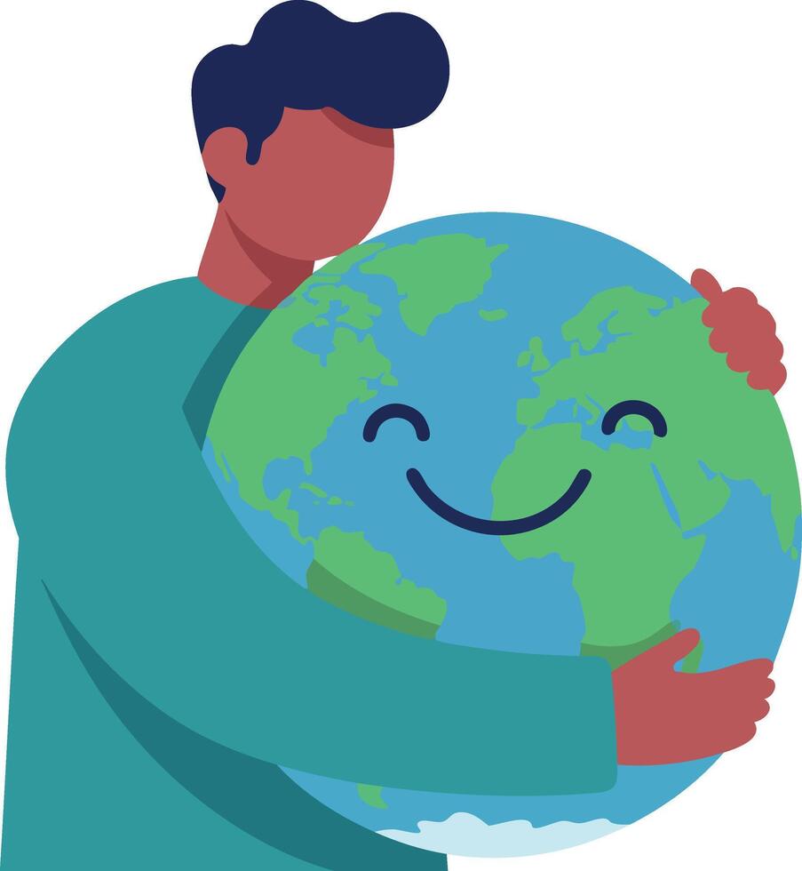 Man hugging happy earth globe illustration showing care and environmental protection concept vector