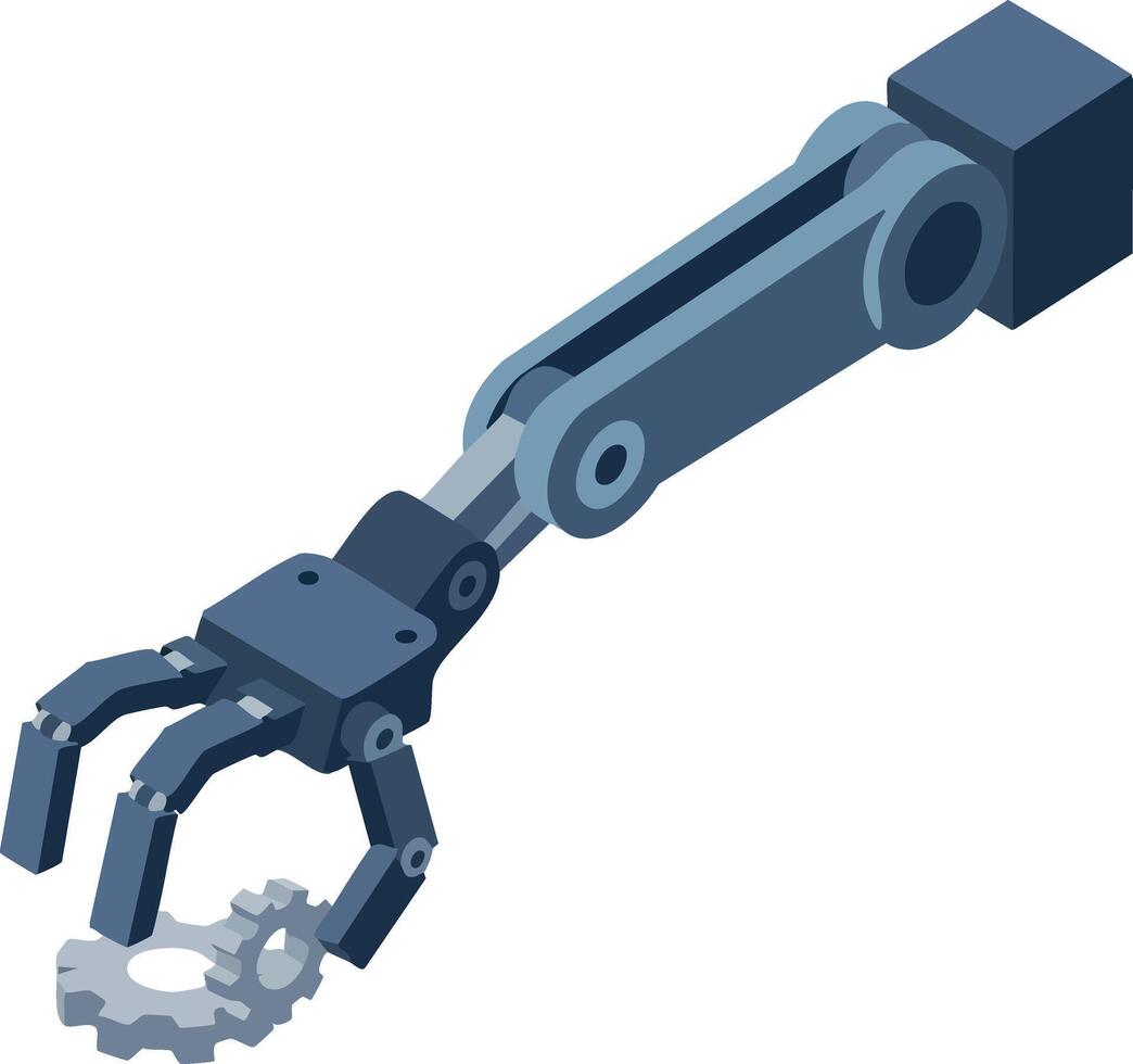 Robotic arm with mechanical claw gripping gear technology and automation machinery design vector
