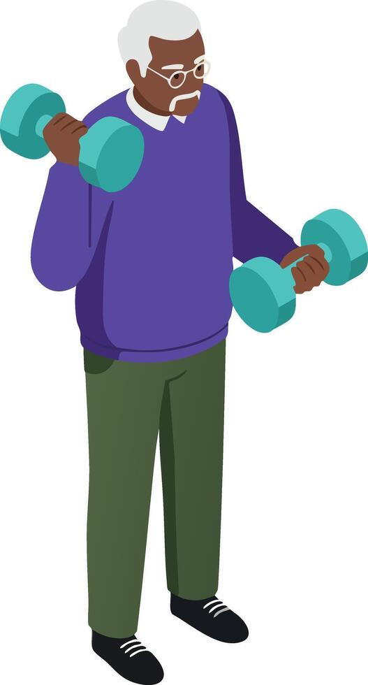 Elderly man lifting dumbbells in purple sweater and green pants exercising for fitness and health improvement illustration vector