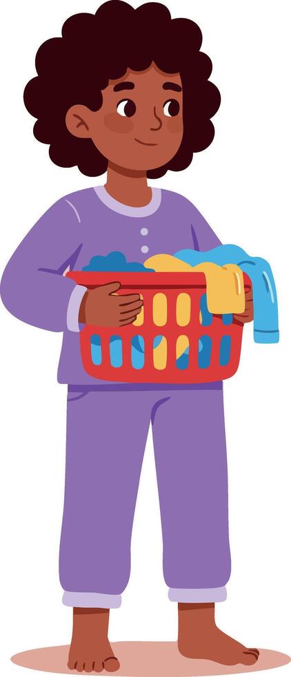 Child carrying laundry basket with clothes in purple pajamas barefoot illustration vector