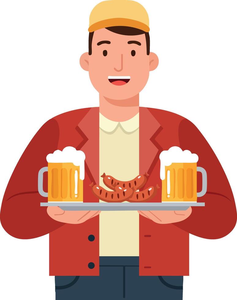 Man holding tray with two mugs of beer and grilled sausages illustration in flat style casual clothing vector