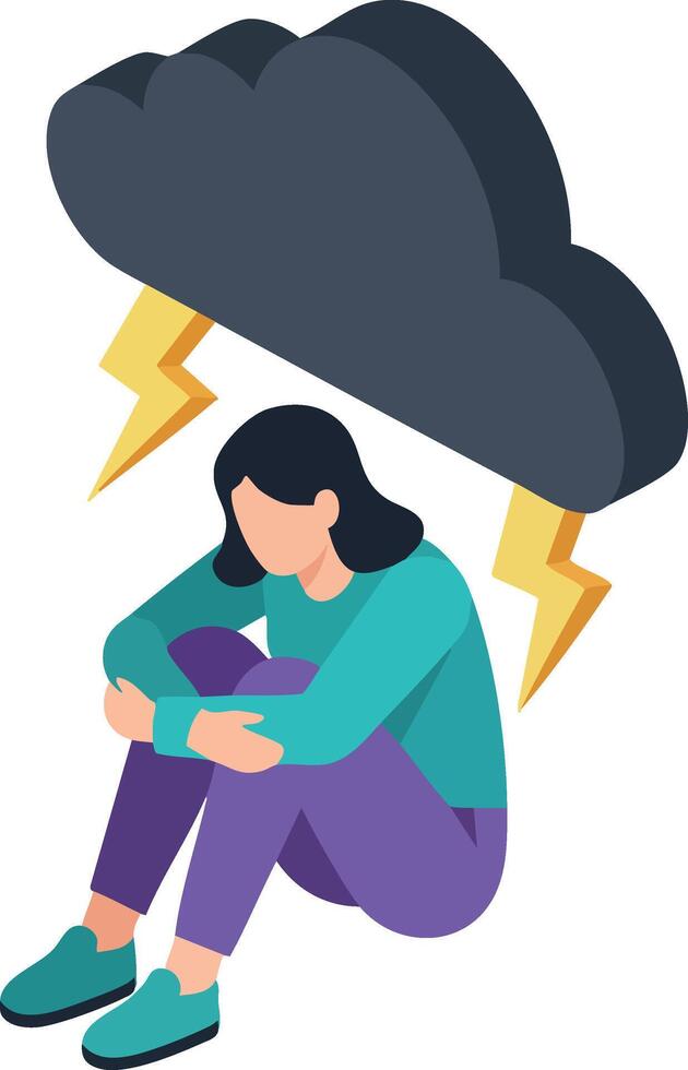 Woman sitting under dark cloud with lightning expressing sadness and depression illustration vector