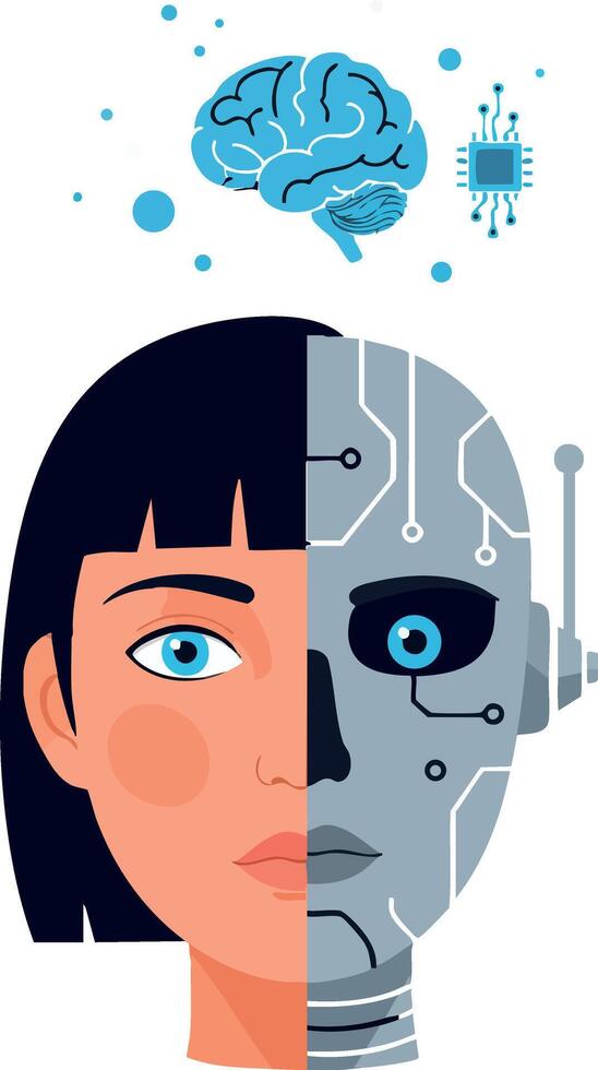 Human and robot half face artificial intelligence concept with brain and microchip technology in blue and gray vector