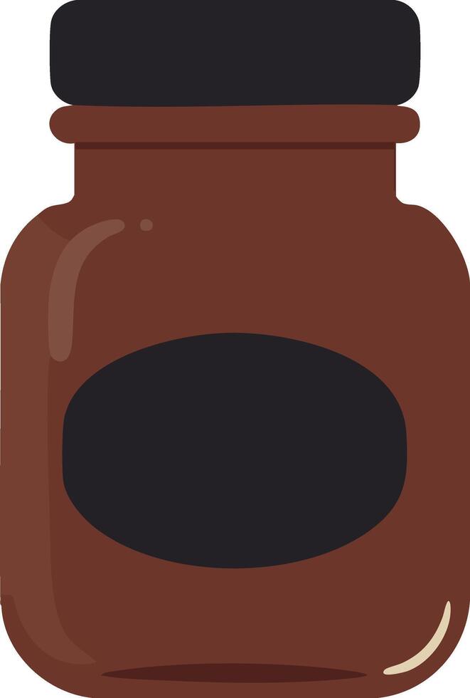Brown glass jar with black lid and label illustration for storage or kitchen use in simple flat style vector