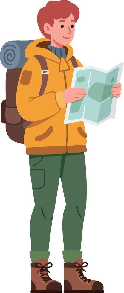 Young male hiker with backpack reading map preparing for outdoor adventure in casual clothing and hiking boots vector