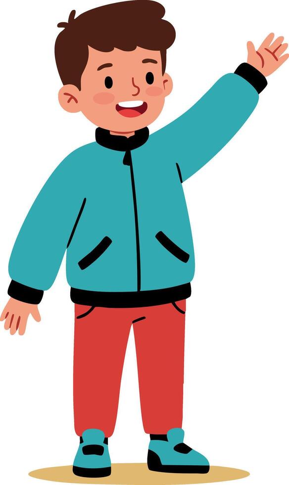 Happy boy waving hand in blue jacket red pants smiling cartoon character illustration vector