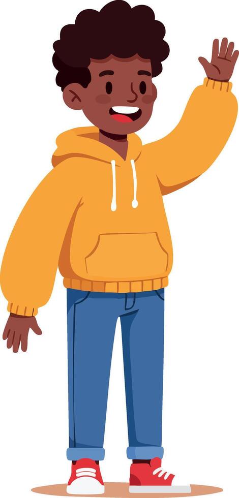Boy waving hand wearing yellow hoodie and blue jeans casual outfit friendly smile cartoon illustration vector