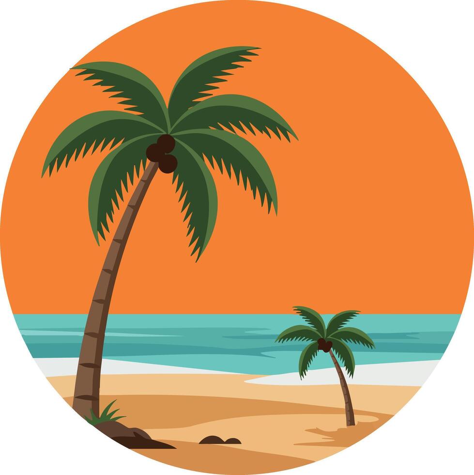 Palm trees on tropical beach with ocean waves under orange sky sunset design circle frame illustration vector