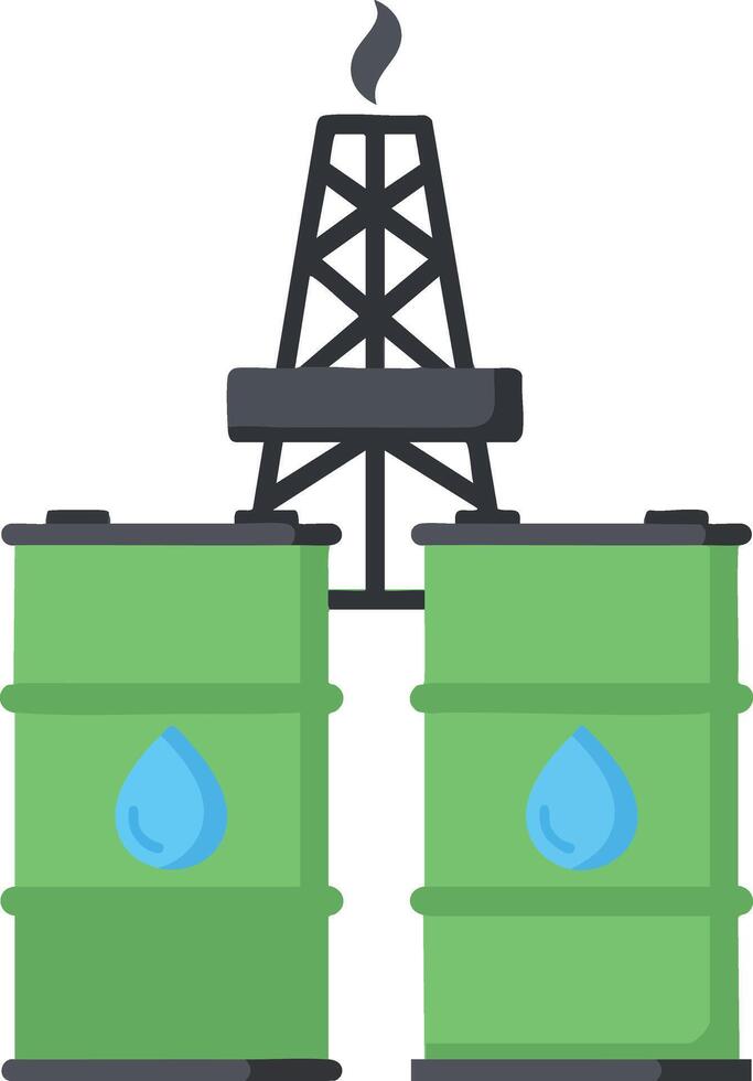 Oil barrels and oil rig illustration showing energy resource and industrial equipment in green color for environmental impact concept vector