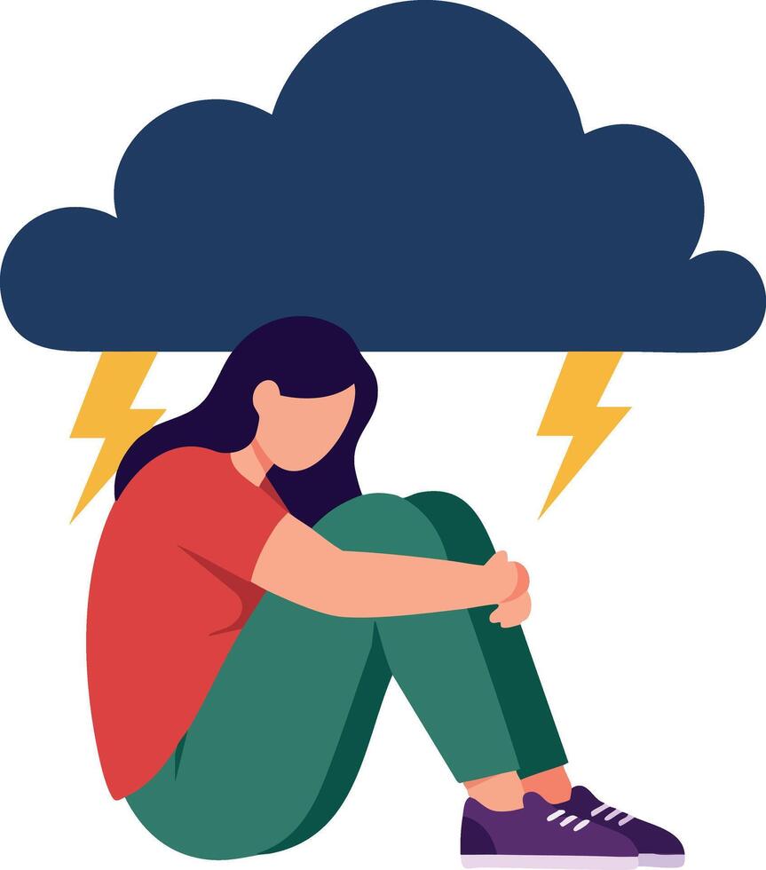 Woman sitting under storm cloud with lightning feeling sad and anxious illustration vector
