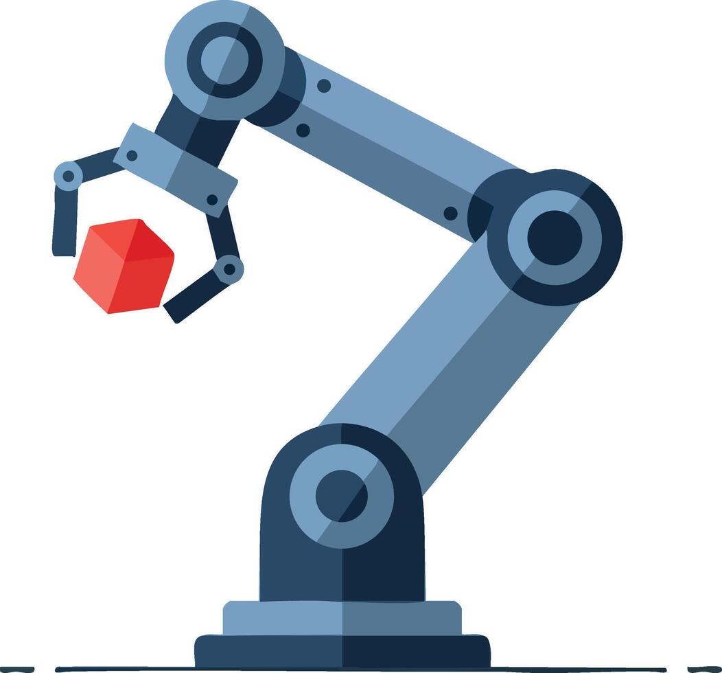 Industrial robotic arm holding red cube for automation and manufacturing technology concepts illustration vector