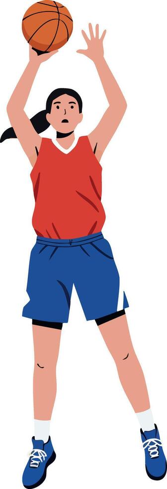 Female basketball player jumping for shot in red jersey and blue shorts illustration active sports scene vector