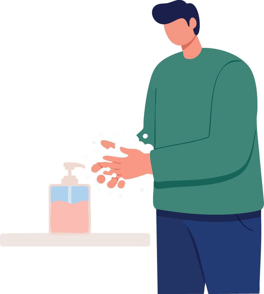 Man washing hands with sanitizer in green sweater and blue pants illustration for hygiene and cleanliness awareness vector