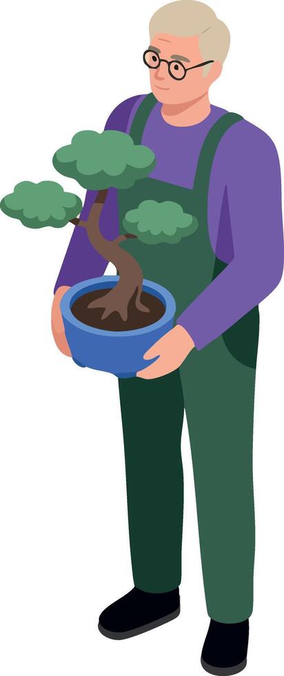 Elderly man holding bonsai tree in pot wearing glasses and purple sweater illustration vector