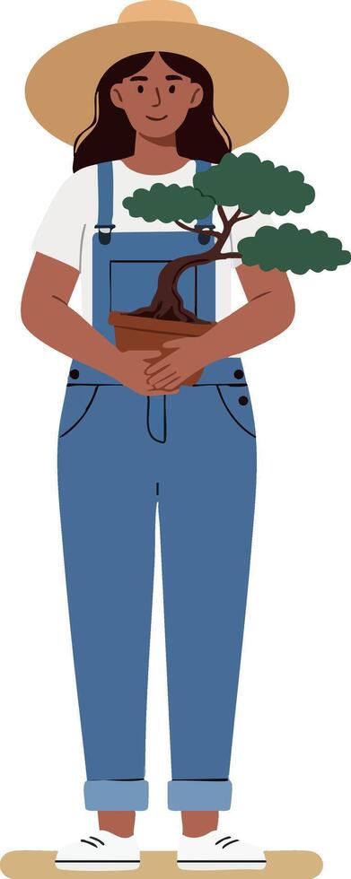 Woman gardener holding bonsai tree in blue overalls and straw hat standing isolated illustration vector