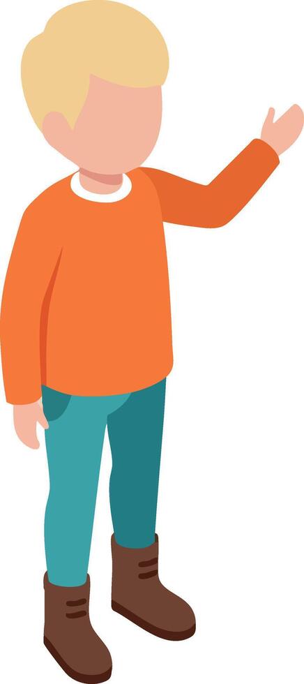 Boy wearing orange sweater and blue pants standing and waving hand illustration vector