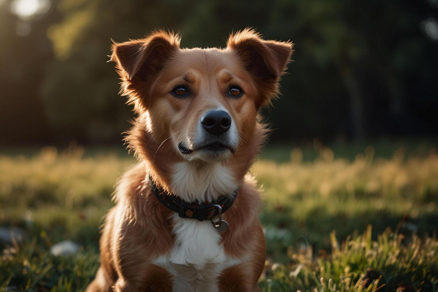 A brown dog sitting in the grass with the sun behind it photo