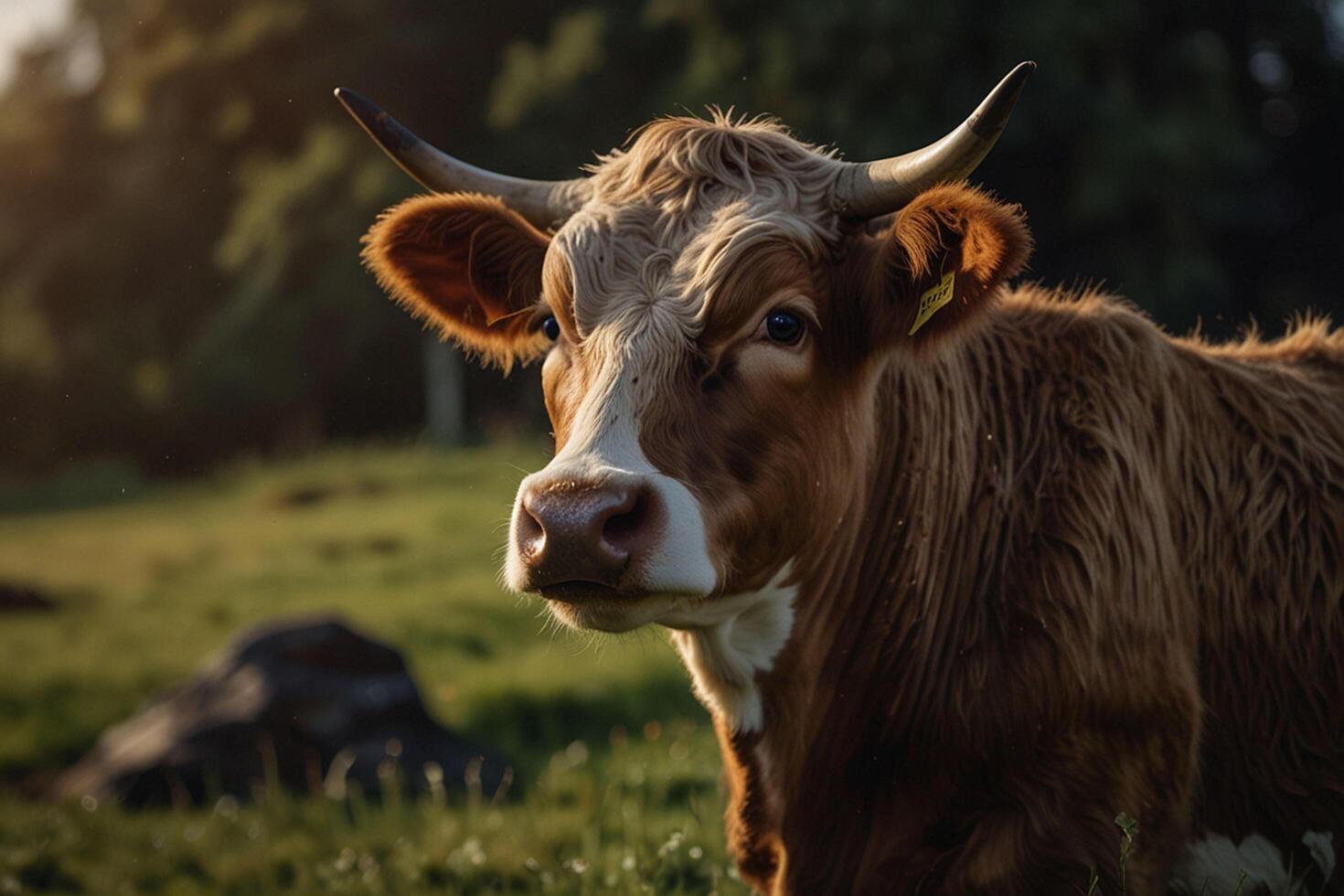 A cow with horns standing in a grassy field photo