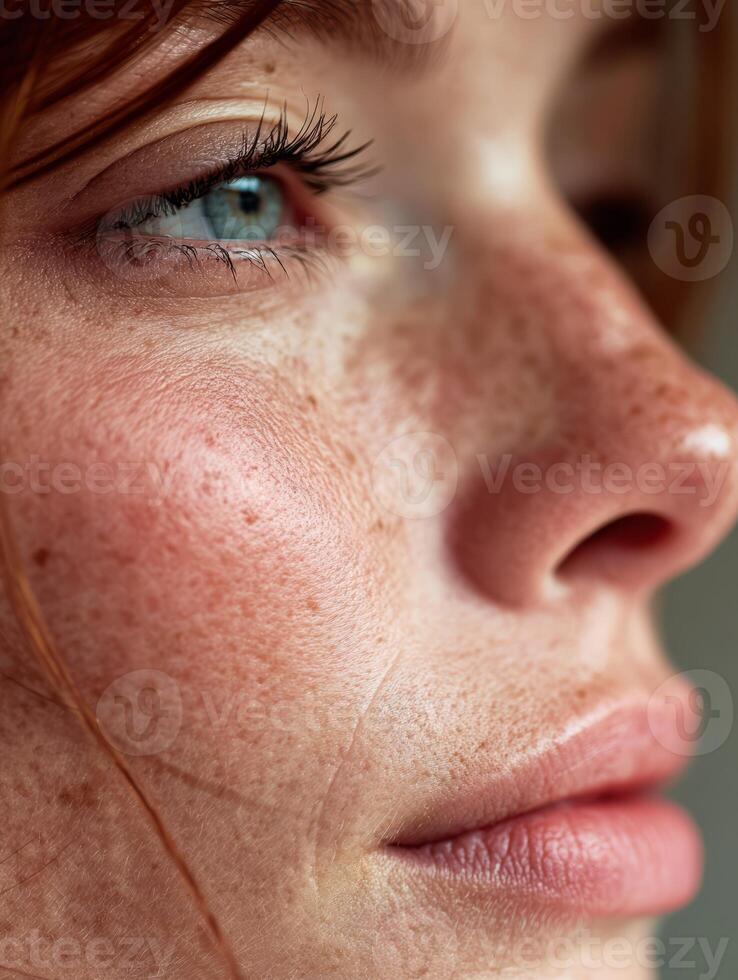 Close up of redhead woman with freckles showing natural beauty photo