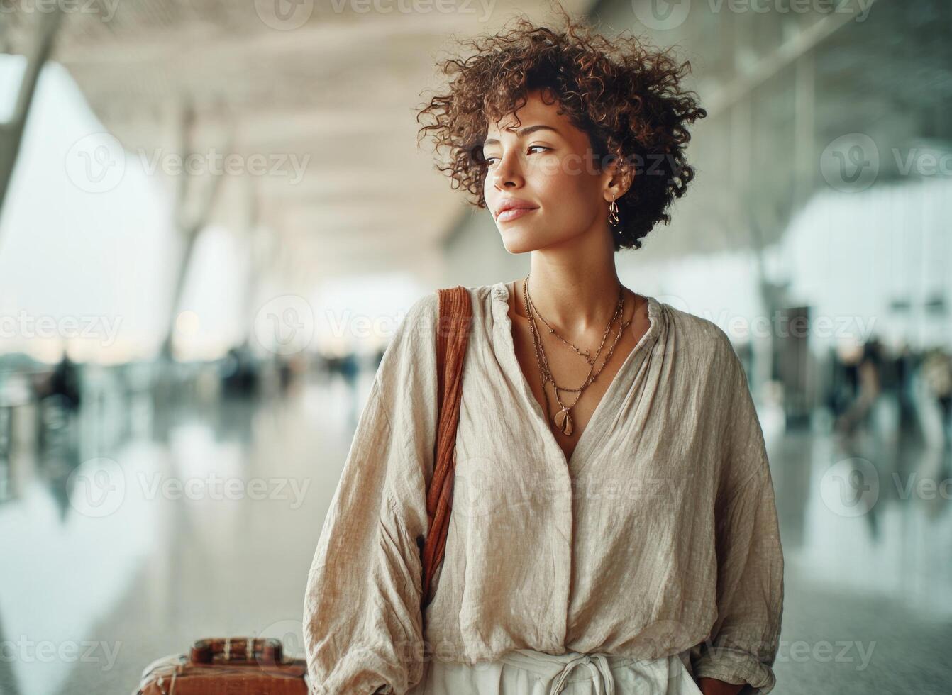 Young woman waiting for her flight at the airport terminal photo