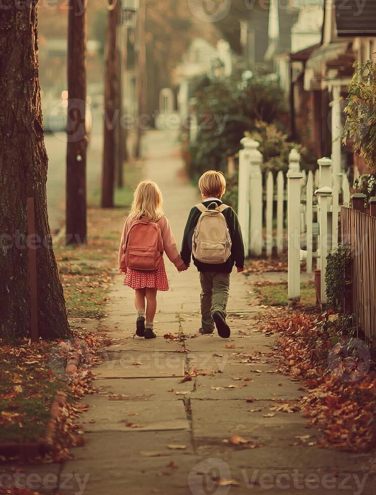 Two young students walking home from school in autumn photo